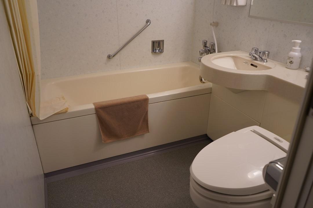 Bathroom with repaired toilet