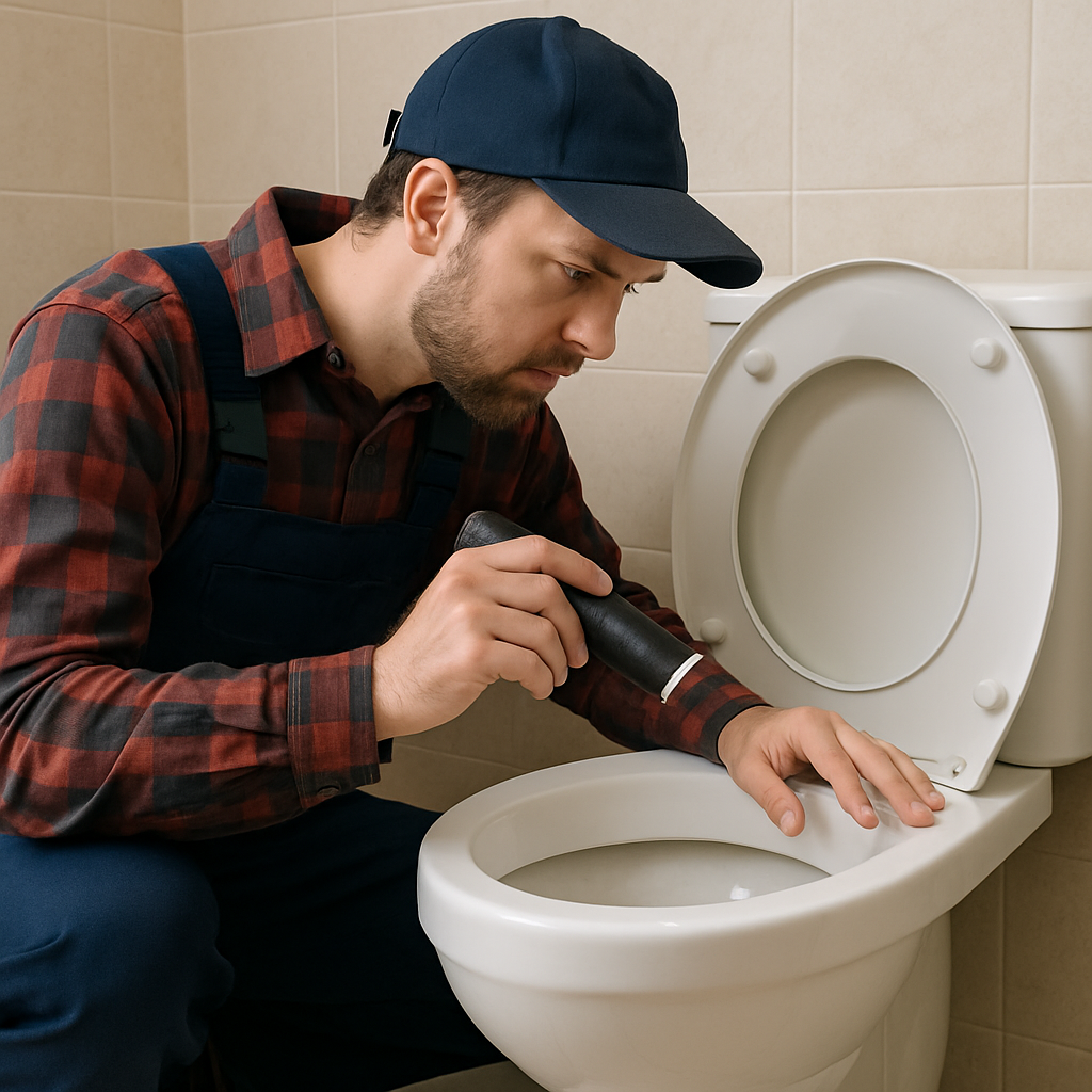 Plumber inspecting toilet